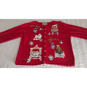 Heirloom Collectibles Cardigan Sweater Dogs Floral Coquette Crewel Grandma L GC